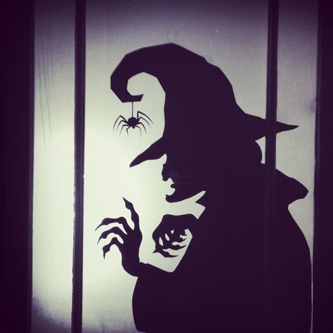 Homemade window stencil of a witch my friend made Window Shadow Halloween, Spooky Window Silhouettes, Window Silhouette Halloween, Window Halloween Silhouettes, Halloween Window Silhouettes Diy, Halloween Window Ideas, Witch Stencil, Witch Window, Diy Halloween Window