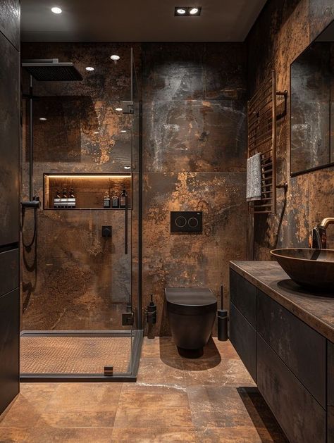 Organic Modern Style Bathroom, Industrial Toilet Design, Slate Bathroom Ideas, Wc Interior Design, Small Dark Bathroom Ideas, Bathroom Industrial Style, Square Bathroom Layout, Steel Interior Design, Industrial Bathroom Ideas