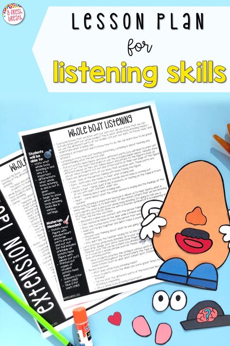 Grab this lesson plan on listening skills for a done for you direct teaching resource with lesson plan and listening activities. And if you aren’t sure if listening skills for kids is important or are looking for some examples, click now. Plus, there are listening activities for kids that will help you teach and improve this social skill. Ideal for kindergarten, first grade, or second grade or small group in special education or school guidance working on social skills. Listening Lesson Plans, Teaching Listening Skills Preschool, Listening To Directions Activities, Listening Crafts For Kids, Whole Body Listening Activities, Active Listening Activities, Listening Skills Activities, Listening Activities For Kids, Social Skills Games