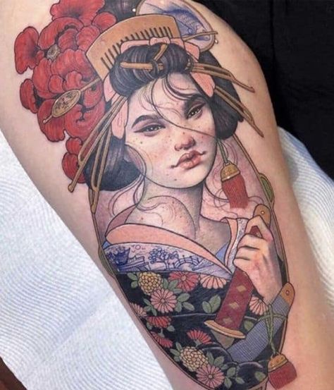 Tattoo Designs Portrait, Neo Traditional Geisha Tattoo, Neotraditional Portrait Tattoo, Hannah Flowers Tattoo, Asian Culture Tattoos, Japanese Lady Tattoo, Geisha Mask Tattoo, Geisha Back Tattoo, Traditional Geisha Tattoo