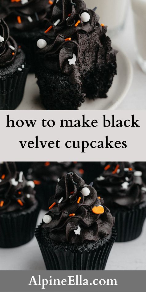 Black Velvet Cupcakes Halloween, Black Cocoa Cupcakes, Black Velvet Cupcakes, Black Cocoa Powder, Black Buttercream, Cupcakes For Halloween, Halloween Food Cupcakes, Cocoa Powder Recipes, Black Cupcakes