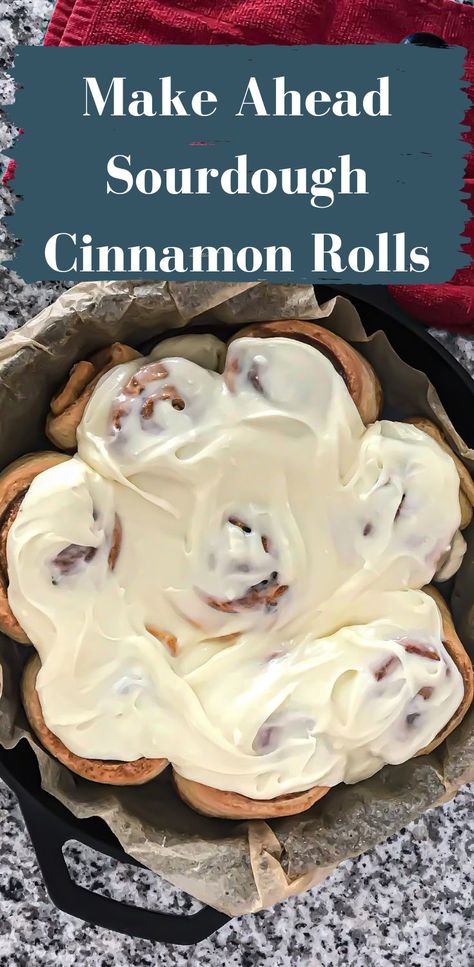 Close up of a cast iron pan filled with iced sourdough cinnamon rolls. White text on a blue banner reads, "Make ahead sourdough cinnamon rolls." Pumpkin Sourdough, Sourdough Rolls, Sourdough Cinnamon Rolls, Family Breakfast Recipes, Pumpkin Cinnamon Rolls, Cinnamon Flavor, Round Cake, Sweet Roll, Sourdough Recipes