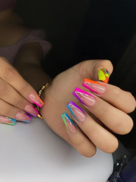 Carnival Nails, Rave Nails, Rainbow Nails Design, Neon Acrylic Nails, Multicolored Nails, Vibrant Nails, Nails 2023, Acrylic Nails Coffin Short, Rainbow Nails