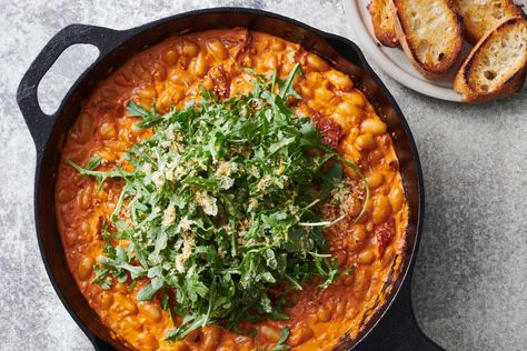 Creamy, Spicy Tomato Beans and Greens  Recipe Spicy Tomato Beans And Greens, Creamy Spicy Tomato Beans And Greens, Beans And Greens, Red Pesto, Quick Pasta, Salmon And Shrimp, Shrimp And Vegetables, Slow Cooker Bbq, One Pot Dinners