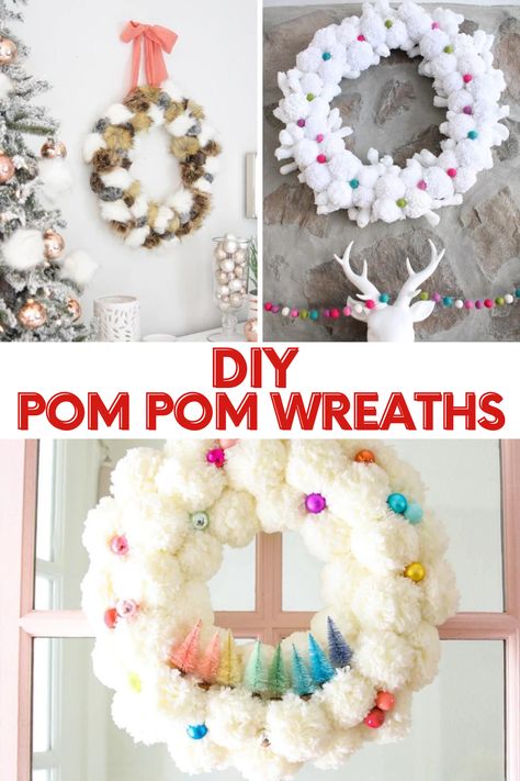 Pom Pom Wreaths Diy, White Pom Pom Wreath, Puff Ball Wreath, Pompon Wreath Christmas, Pompom Christmas Wreaths, Diy Pom Pom Wreath, Decorating 2023, Pom Pom Wreaths, Christmas Pom Pom Wreath