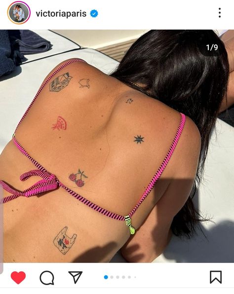 Victoria Paris Back Tattoos, Victoria Paris Tattoo, Back Tattoos Dainty, Paris Inspired Tattoos, Patchwork Tattoo Back, Patchwork Back Tattoo Women, Back Tattoo Patchwork, Mini Back Tattoo, Sticker Back Tattoo