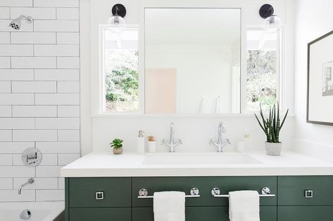 Green And Chrome Bathroom, Bathroom With Green Vanity, Chrome Hardware Bathroom, Painted Washstand, Small Farmhouse Sink, Cottage Style Bathrooms, Chrome Towel Bar, Green Kitchen Designs, Rustic Wood Floors