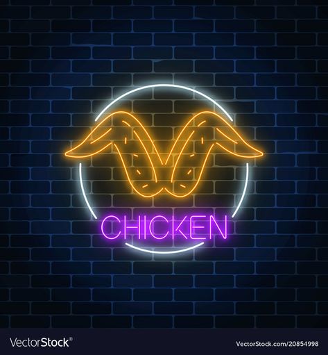 Neon Angel Wings, Dark Brick Wall, Dangler Design, Fried Chicken Restaurant, Bakery Business Cards, Chicken Shop, Glowing Background, Bar Interior Design, Brick Wall Background