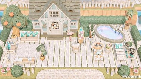 Animal Crossing Villager Beach House, My House Animal Crossing, Acnh Beach House Ideas, Animal Crossing Beach House Ideas, Acnh Coastal Ideas, Animal Crossing Outside House Ideas, Beach Ideas Animal Crossing New Horizon, Coastal Animal Crossing, Animal Crossing House Ideas Exterior