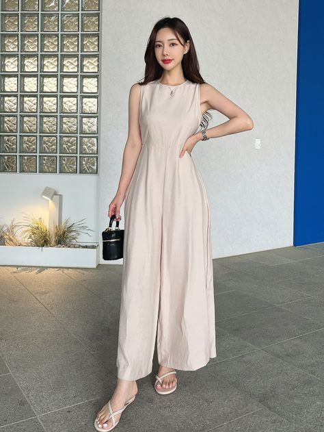 Apricot Sexy Collar Sleeveless Fabric Plain Tank Embellished Non-Stretch  Women Jumpsuits & Bodysuits Designer Overalls, Jumpsuit Outfit Casual, Modest Casual Outfits, Classy Jumpsuit, Home Wear Women Casual, Indian Bride Outfits, Classy Outfits For Women, Tailored Clothes, Jumpsuit Casual