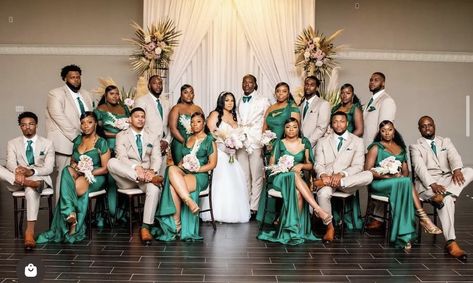 Green And Champagne Wedding Theme, Emerald And Champagne Wedding, Champagne Wedding Themes, Groomsmen Tuxedos, Green Weddings, Wedding Mint Green, Long Flower Girl Dresses, Gold Wedding Colors, Wedding Colours