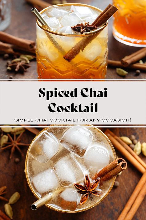 This Spiced Chai Cocktail is made with spicy chai, sweet homemade chai simple syrup, and dark rum. All the warming spices make this the perfect cocktail for the cold fall and winter months, especially the holidays! Try it this Thanksgiving or Christmas, I promise you won't be disappointed! Chai Simple Syrup, Chai Tea Cocktail, Chai Cocktail, Thyme Simple Syrup, Baked Apple Oatmeal, Spiced Cocktail, Cinnamon Simple Syrup, Homemade Chai, Roasted Garlic Aioli