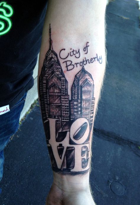 Philadelphia Brotherly Love Tattoo By Diane Lange at Moonlight Tattoo Seaville NJ Philly Love Tattoo, Philadelphia Skyline Tattoo, Brotherly Love Tattoo, Philadelphia Tattoo Ideas, Philly Tattoo Ideas, Philly Tattoo, Philadelphia Tattoo, Moonlight Tattoo, Union Tattoo