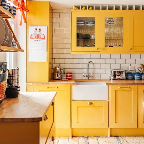 Farrow and Ball India Yellow 66 kitchen cabinets Yellow Kitchen Cabinets, Kitchen Dining Nook, Maximalist Kitchen, Yellow Kitchen Designs, Yellow Cabinets, Victorian Terrace House, Maximalist Home, London Living, 1 Bedroom Flat