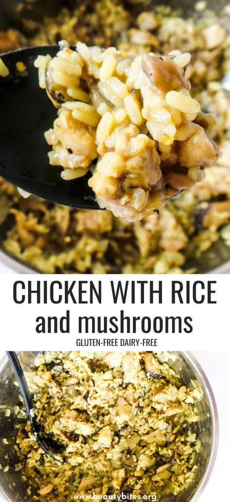 Homemade Chicken And Rice With Mushrooms! This simple chicken dinner recipe is easy to make, gluten-free and dairy-free and really delicious! Dairy Free Chicken And Rice, Chicken And Rice With Mushrooms, Homemade Chicken And Rice, Rice With Mushrooms, Gluten Free Recipes For Lunch, Easy Chicken Dinner, Chicken Dinner Recipe, Delicious Chicken Dinners, Best Healthy Dinner Recipes