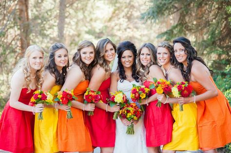 Bridesmaids in three colors, coordinated with wedding #red #orange #yellow #bridesmaids #wedding Orange And Yellow Bridesmaid Dresses, Yellow Wedding Dress, Late Summer Wedding, Yellow Bridesmaid, Late Summer Weddings, Yellow Bridesmaid Dresses, Wedding Red, Yellow Bridesmaids, Yellow Wedding