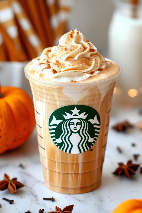 This copycat Starbucks pumpkin spice latte recipe blends espresso, milk, and autumn spice. It's easy, cozy, and captures the essence of fall in every sip. Autumn Aesthetic Psl, Pumpkin Spice Macchiato, Pumpkin Spice Vibes, Starbucks Pumpkin Spice Frappuccino, Starbucks Pumpkin Latte Recipe, Cute Fall Drinks, Autumn Hot Drinks, Fall Food And Drinks, Autumn Drinks Aesthetic