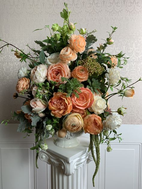 Extra large floral arrangement in a ceramic pot: peach color roses, peonies and greenery Silk Peonies Arrangement, Peach Colored Roses, Silk Flower Bouquet, Summer Flower Arrangements, Color Roses, Peony Arrangement, White Floral Arrangements, Large Floral Arrangements, Roses Peonies