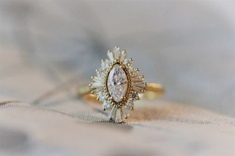 Art Deco Cluster Ring, Sun Engagement Ring, Sunburst Engagement Ring, Starburst Engagement Ring, Yellow Gold Anniversary Rings, Marquise Engagement Ring, Wedding Halo, Halo Wedding Ring, Baguette Engagement Ring