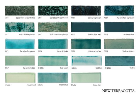 Acqua and Teal tones by New Terracotta glazed tiles. Dark Blue Tile, Terracotta Color Palette, New Terracotta, Green Subway Tile, Teal Tile, Tiles Uk, Teal Bathroom, Bath Tiles, Emerald Lake