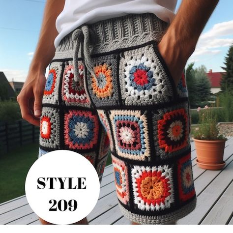 BENILYS - Etsy Australia Crochet Mens Shorts, Granny Square Shorts, Granny Clothes, Crochet Shorts Pattern, Bohemian Men, Crochet Men, Hippie Crochet, Crochet Short, Square Pants