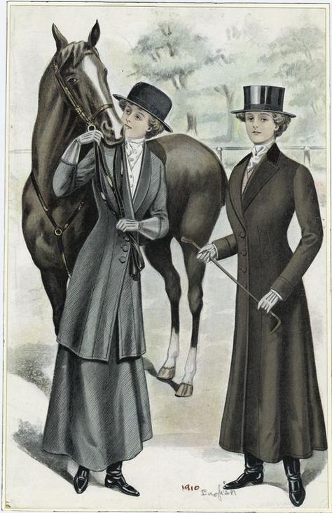 Women In Riding Attire Standing Near A Horse, England. - NYPL Digital Collections Horseback Riding Aesthetic, English Horseback Riding, Bronc Riding, Horse Riding Outfit, Riding Habit, Medieval Woman, Digital Gallery, Horse Riding Clothes, Horse Dress