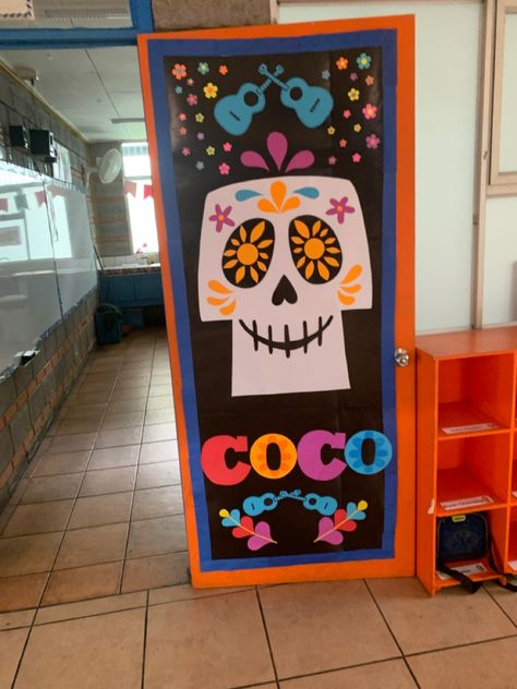 Coco inspired classroom door. Coco Classroom Door Decoration, Coco Classroom Theme, Coco Door Decoration, Coco Door Decorations Classroom, Coco Classroom Door, Disney Halloween Door Decorations, Halloween Door Decorations Classroom, Door Classroom, Halloween Classroom Door