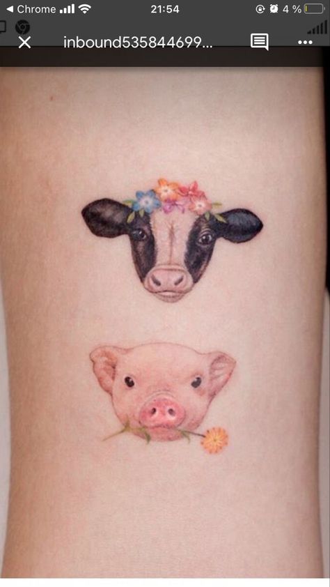 Pretty Cow Tattoo, Best Friend Cow Tattoos, Cow And Pig Tattoo, Matching Cow Tattoos, Cow Tattoos For Women, Cow Print Tattoo, Baby Cow Tattoo, Cow Head Tattoo, Ham Tattoo