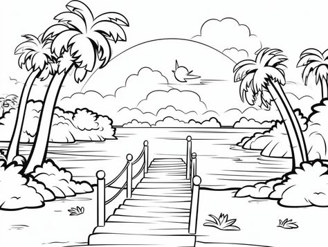 illustration of Printable island paradise to color Tropical Coloring Pages, Beach Coloring Pages, Easy Landscape, Simple Sketches, Beach Prints, Vbs Ideas, Free Ticket, Color Book, Island Paradise