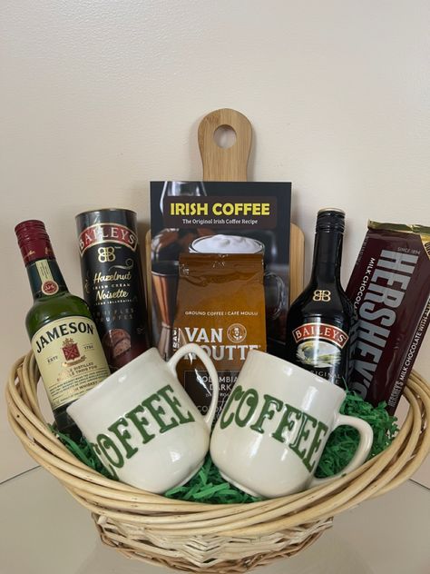 Irish Coffee Gift Basket, Easy Raffle Ideas, Chinese Raffle Basket Ideas, Simple Raffle Basket Ideas, Raffle Prizes For Adults, Prize Basket Ideas For Adults, Baileys Gift Basket Ideas, Party Game Prizes For Adults, Wedding Raffle Ideas