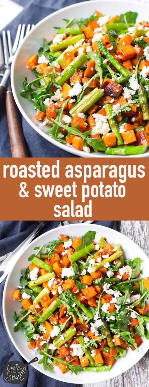 Healthy Roasted Sweet Potato and Asparagus Salad! This easy healthy salad is the perfect dinner #healthyeats #salad #roastedasparagus #sweetpotato Keto Asparagus, Recipes Asparagus, Garlic Vinaigrette, Best Asparagus Recipe, Asparagus Recipes Baked, Sweet Potato Salad, Dinner Keto, Asparagus Recipes, Healthy Potato Recipes