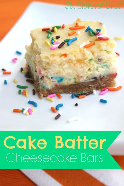 Cake Batter Cheesecake, Cheese Bars, Six Sisters Stuff, Cheesecake Bar Recipes, Sugar Cookie Bars, Vegetarian Cake, Cake Mix Cookies, Köstliche Desserts, Cheesecake Bars