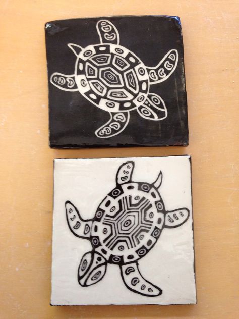 More sgraffito tiles Graffito Pottery, Sgraffito Cat Designs, Sgraffito Tiles, Sgraffito Animal Designs, Ceramic Plates Sgraffito, Clay Sgraffito Plate, Sgraffito Designs, Garden Tiles, Lino Cut