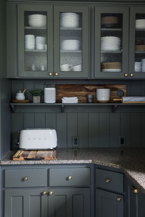 Cornwall Slate Cabinets, Modern Cottage Kitchen, Kitchen Desk Areas, Kitchen Desks, House Updates, Glass Front Cabinets, Green Paint Colors, Modern Cottage, Gorgeous Kitchens