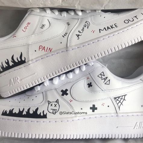 Handpainted XXXTentacion Air Force 1's. These will be done on classic white Nike Air Force '07's with premium acrylic leather paint and topped with a finished to ensure quality, durability, and long wear (waterproof, scratchproof, and dullproof). Nike Air Force 1 Custom Text, Painted Nike Air Force, White Nike Air Force, Painted Nikes, White Nike Air, Nike Shoes Air Force, Nike Air Force 1s, Nike Airforce 1, Custom Air Force 1