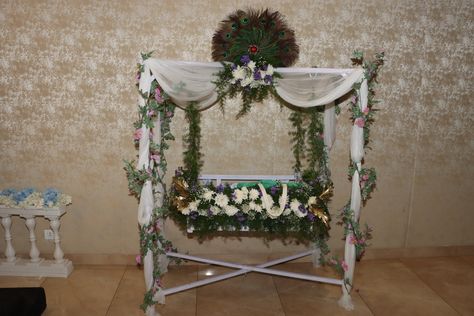 Krishna cradle peacock cradle Cradle Decoration, Naming Ceremony Decoration, Naming Ceremony, Ceremony Decor, Ceremony Decorations, Ladder Decor, Krishna, Furniture, Quick Saves