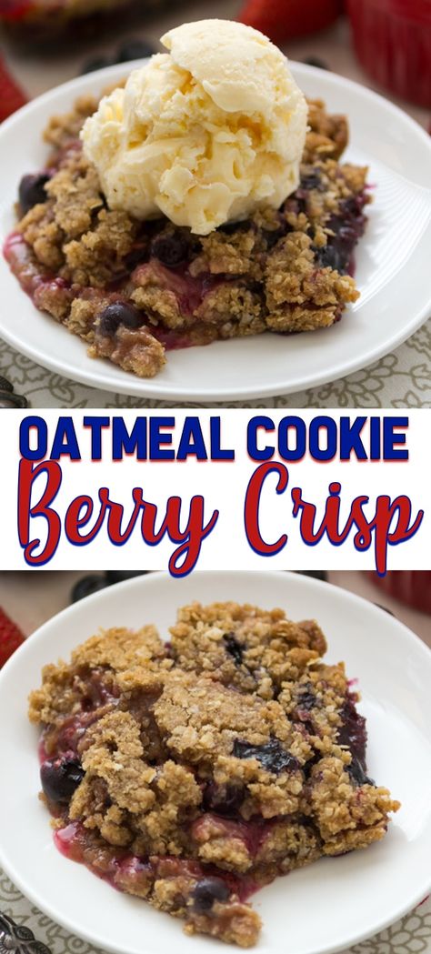 Berry Crisp is so much better when it as an Oatmeal Cookie Crumble on top! This easy recipe is like a berry cobbler with a giant cookie on top. #easy #frozen #healthy #fruit #mixed Berry Crumble Recipe, Berry Crisp Recipe, Oatmeal Crisp, Berry Oatmeal, Oatmeal Toppings, Berry Crisp, Cookie Crumble, Dessert Pie, Berry Recipes