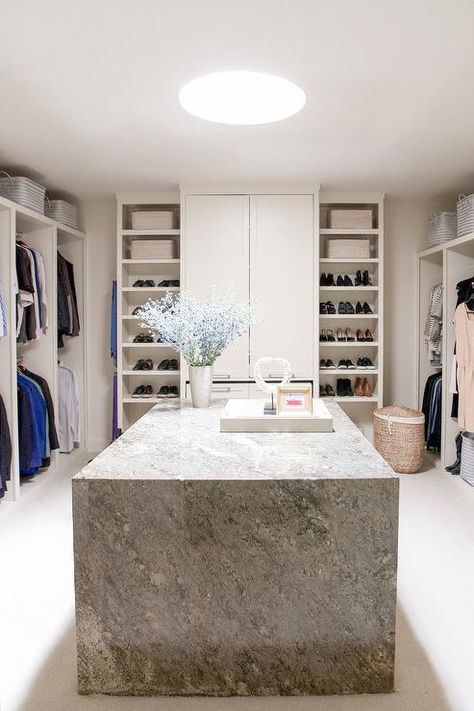 Gray Marble Waterfall Closet Island - Transitional - Closet Wall Picture Design, Island Closet, Bathroom Closet Designs, Ceiling Cabinets, Transitional Closet, Waterfall Island Kitchen, Waterfall Countertop, Floor To Ceiling Cabinets, Closet Island