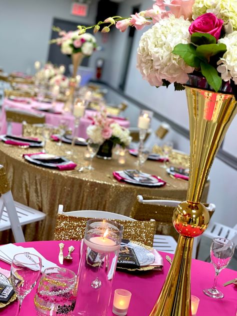 Pink/gold birthday Gold And Fuschia Party, Hot Pink And Gold Table Decor, Fuschia Black And Gold Party, Fuschia Birthday Decor, Pink And Gold Table Setting Birthdays, Hot Pink Black And Gold Party Decor, Pink And Gold Decorations, Pink Gold Birthday, Pink Sweet 16