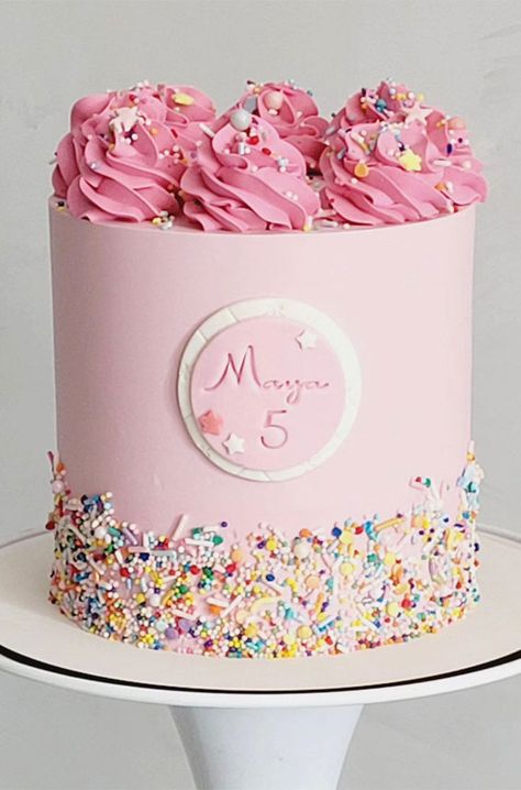 simple sprinkle cake, simple birthday cake, simple pink birthday cake, pink birthday cake design Pink Cakes For Girls Birthday, Simple Pink Birthday Cake, 50 Birthday Cake, Birthday Cake Simple, Simple Cake Design, Disco Cake, Birthday Cake Design, Pink Birthday Cake, 6th Birthday Cakes