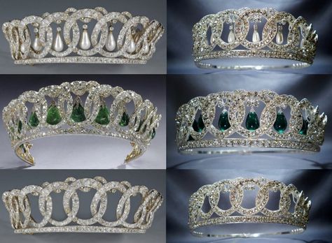 The Grand Duchess Vladimir Tiara - Real (Left Side) and mine (Right Side) Grand Duchess Vladimir Tiara, Vladimir Tiara, Grand Duchess Vladimir, British Crown Jewels, Royal Crown Jewels, Queens Jewels, French Royalty, Bijoux Art Nouveau, Cape Gown