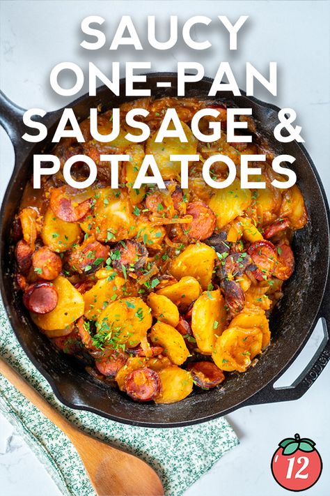 Saucy One-Pan Sausage and Potatoes | 12 Tomatoes Potato And Sausage, Sausage And Potatoes, Veggie Skillet, 12 Tomatoes Recipes, Rib Meat, Sausage Potatoes, Easy One Pot Meals, Stewed Tomatoes, 12 Tomatoes