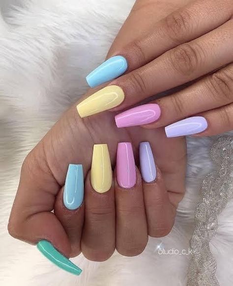 Coffin Nails Designs Summer, Bright Summer Acrylic Nails, Rainbow Nails Design, Coffin Nails Matte, Pastel Nails Designs, Cute Acrylic Nail Designs, Summer Acrylic Nails, Rainbow Nails, Pink Acrylic Nails