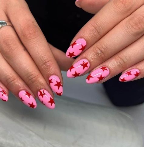 Sparkle Star Nail Designs, Pink Nails With Star Design, Neon Star Nails, Red Star Nails, Neon Pink Nail, Neon Pink Nail Polish, Star Nail Designs, Silver Glitter Nails, Star Nail