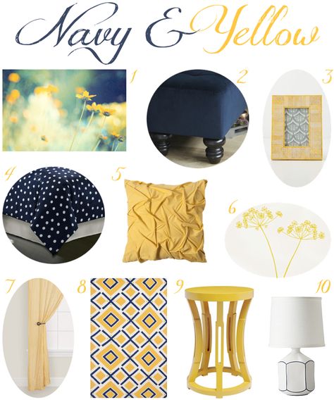 Navy and Yellow Bedroom Decor - love this color combination too! Navy Yellow Bedrooms, Navy And Yellow Bedroom, Yellow And Blue Decor, Trend Bedroom, Blue And Yellow Living Room, House Paints, Yellow Bedroom Decor, Gold Trend, Blue Items