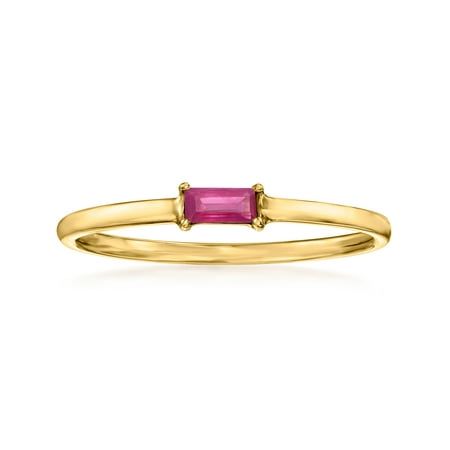 Ross-Simons is always looking for new ways to reinvent essential jewelry styles. RS Pure. Modern designs that complete your outfit and complement your personality. Yearning for color in your stack? Go with this dainty ring! It features a .10 carat baguette ruby stationed on the center of the simple 14kt yellow gold band. 1/16" wide. Ruby ring. Each Ross-Simons item arrives in a fine jewelry presentation box. Shop Ross-Simons jewelry risk-free as all items include a 30-day, 100% money-back guaran Ruby Birthstone, Ring Ruby, Drop Pendant Necklace, Yellow Gold Jewelry, Natural Gold, Jewelry Essentials, Beaded Drop Earrings, Ruby Jewelry, Beaded Hoop Earrings