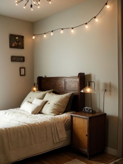 Create a vintage music-themed bedroom by using old vinyl records as wall decor and incorporating antique instruments as decorative pieces. Complete the aesthetic with vintage-inspired furniture and dimmable Edison bulb string lights for a warm and cozy atmosphere. Music Themed Bedroom, Edison Bulb String Lights, Music Bedroom, Retro Bedrooms, Old Vinyl Records, Inspired Furniture, Bulb String Lights, Themed Bedroom, Vintage Bedroom