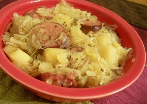 Bratwurst and Sauerkraut Casserole Brats Sauerkraut, Slow Cooker Brats, Sauerkraut And Apples, Bratwurst And Sauerkraut, Brats And Sauerkraut, Sour Kraut, Polish Sausage Recipes, Sauerkraut Casserole, Sausage Sauerkraut