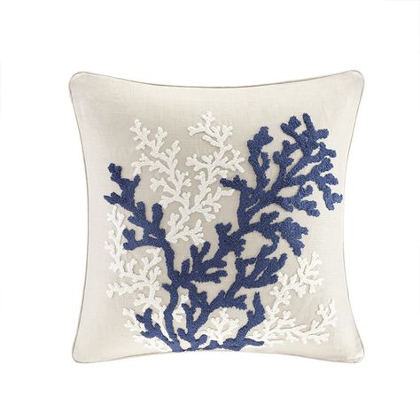 Breathe life into you decor, with our Harbor House Rift Coral Linen Square Pillow. Our beautiful coral motif features intricate carpet stitch embroidery in white and navy hues creating beautiful texture and dimension, while our 100% soft linen base provides contrast and natural appeal. Finished with a hidden zipper closure and removable 100% polyester filling for easy care and comfort. Beach House Room, Beach Home Interiors, Beach House Furniture, Beach Throw Pillows, Maya Bay, Beach House Interior Design, Harbor House, Pillow Arrangement, Tropical Home Decor