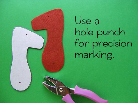 Use a hole punch to mark precisely on felt. - Handy tip from Shiny Happy World Felt Booties, Fleece Hats, Wool Felt Projects, Felt Craft, Felt Embroidery, Felt Mouse, Fun Patterns, Wool Projects, Felt Christmas Ornaments